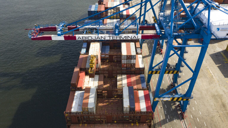 Photo aérienne d'une grue portuaire au dessus de conteneurs au terminal portuaire d'Abidjan