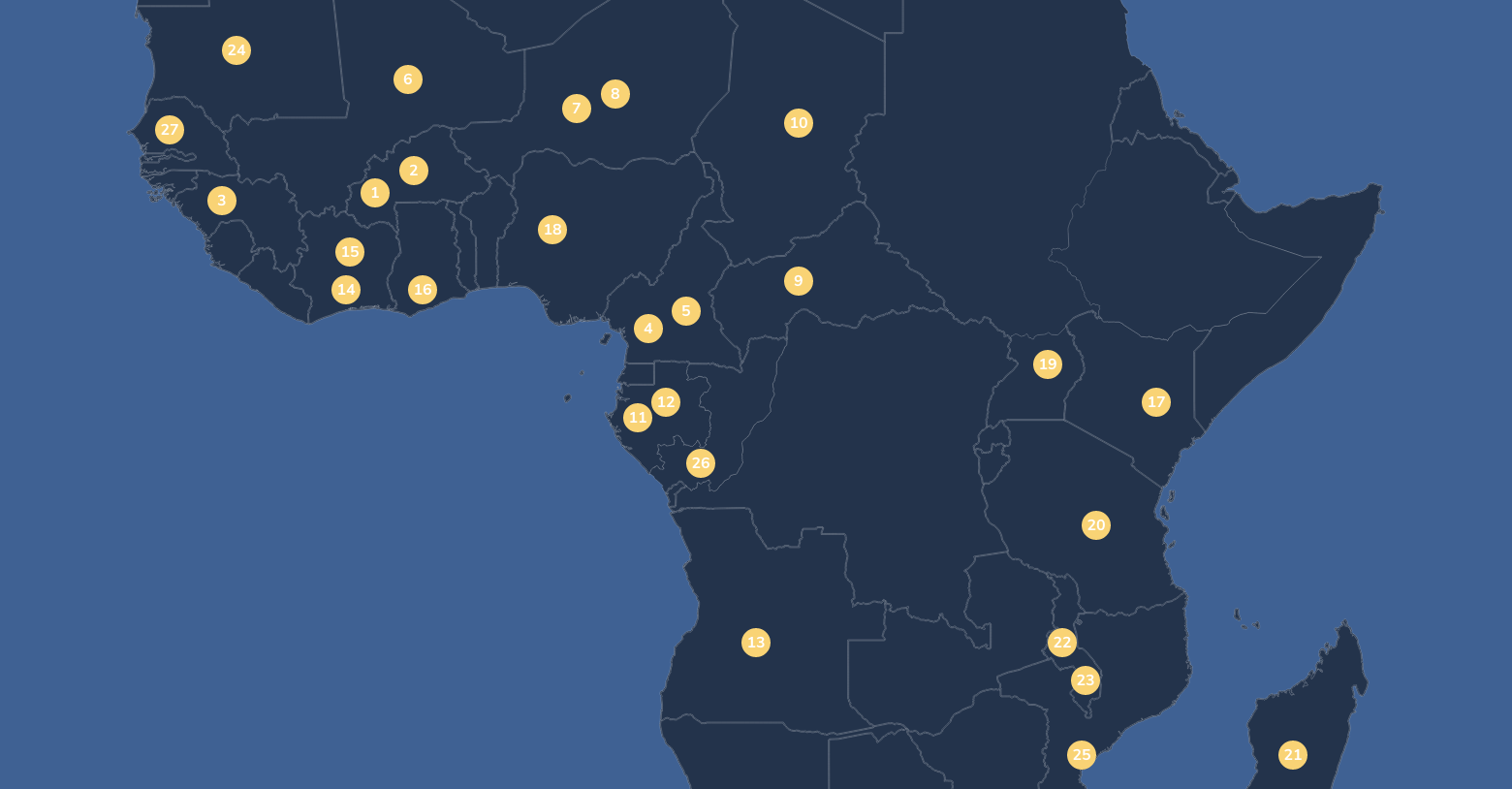 Carte des points de la présence d'AGL en Afrique