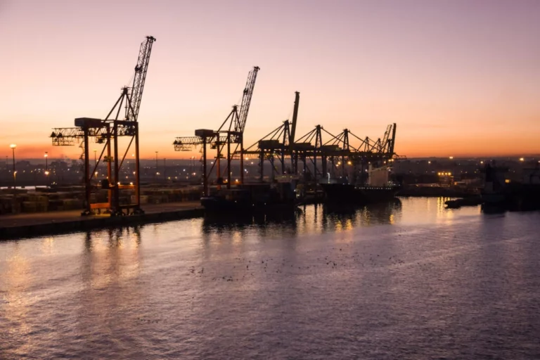 Silhouettes de grues portuaires au soleil couchant